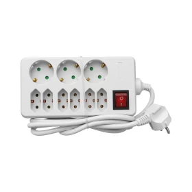 ADELEQ Πολύπριζο Με Καλώδιο 3x1.5mm 1.5m Καλώδιο 9 Θέσεων ( 3 Σούκο+6 Διπολικά ) Με Διακόπτη Λευκό 